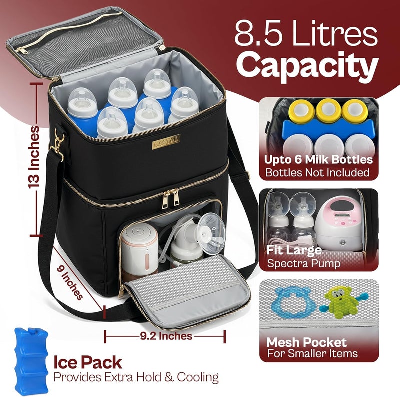 Castal Breast Pump Bag Spectra S1 S2–Insulated Spectra Pump Bag, Breastmilk Cooler Bag with Ice Pack–Leak-Proof Double Layer Breast Pump Travel Bag Holds 6 Milk Bottles with Elastic Strap–Black - Image 2